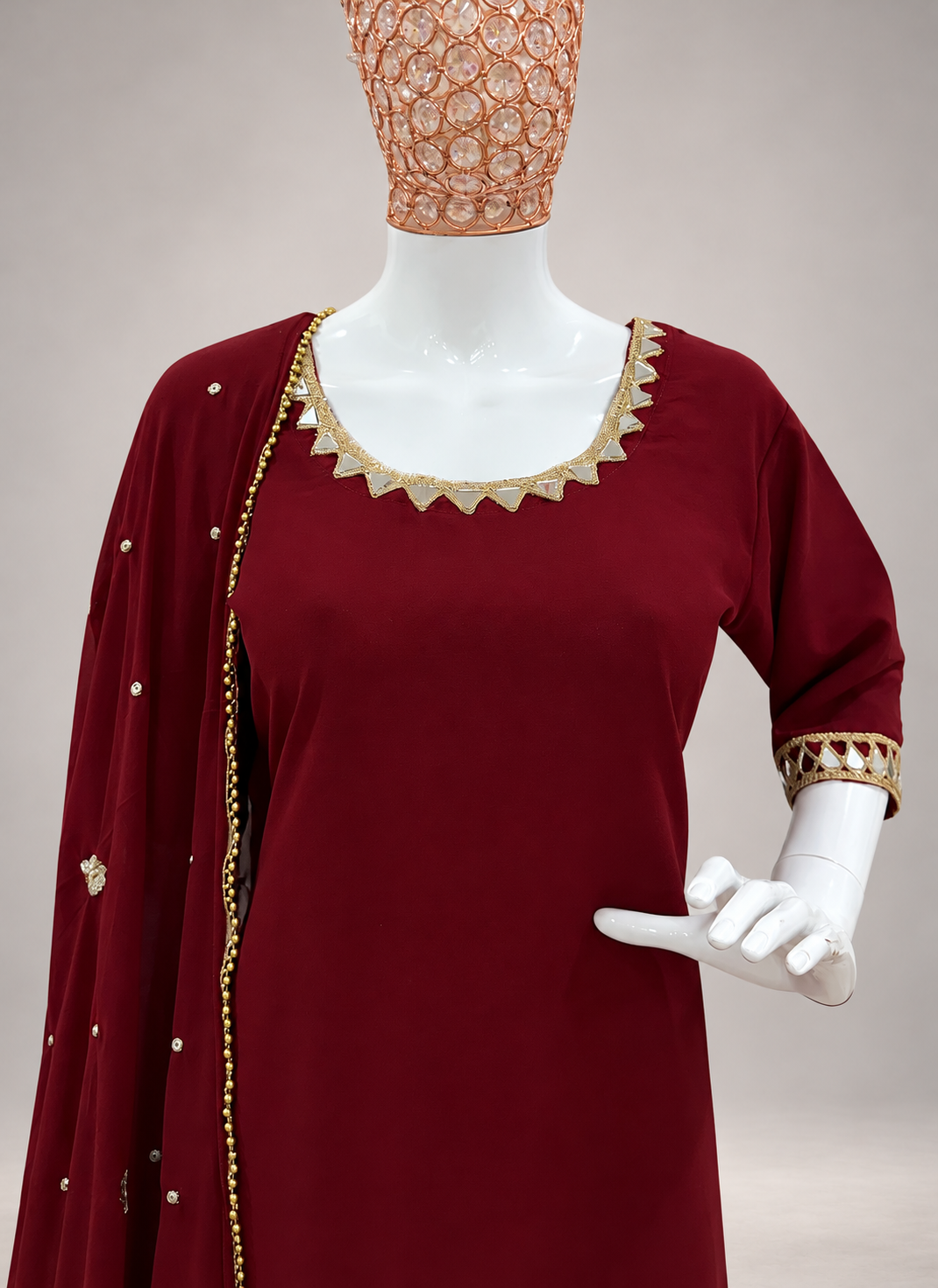 Maroon Georgette Mirror Work Readymade Plazzo Suit