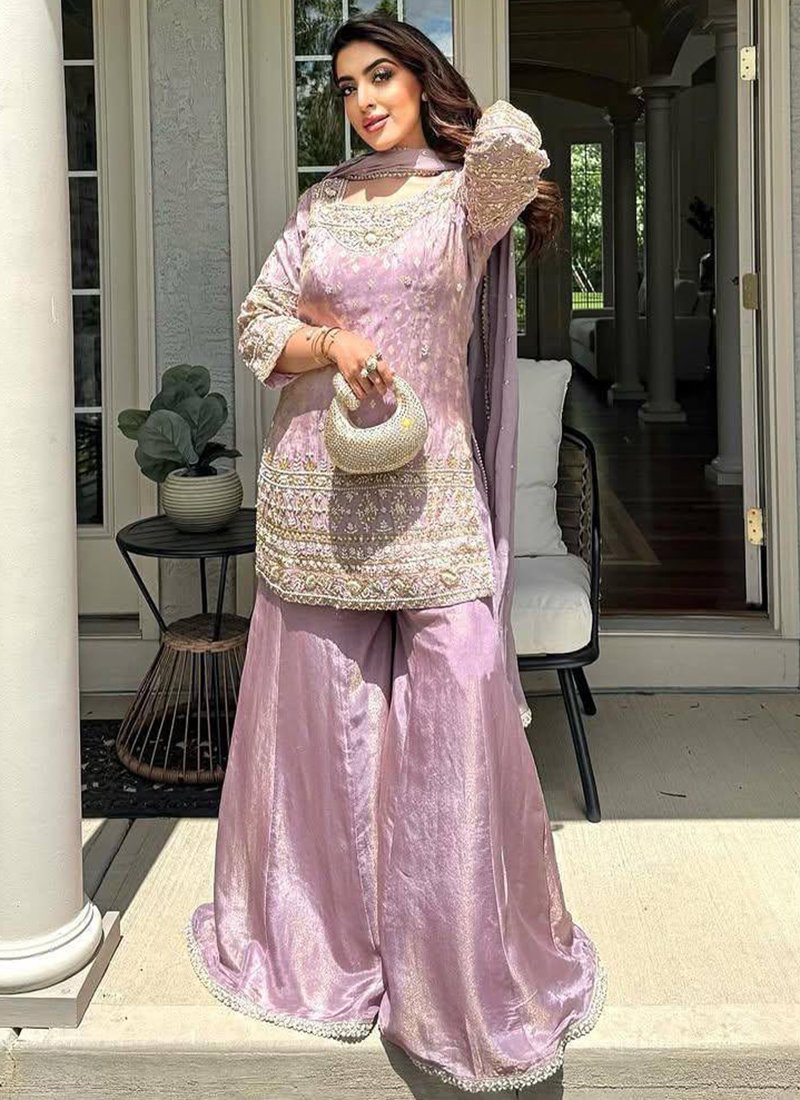 Lilac Silk Embroidery Work Readymade PLAZZO Suit