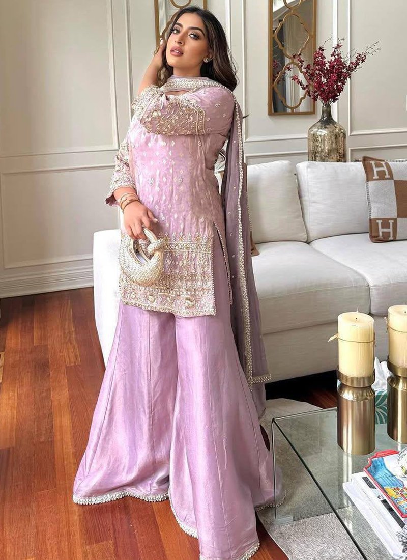Lilac Silk Embroidery Work Readymade PLAZZO Suit