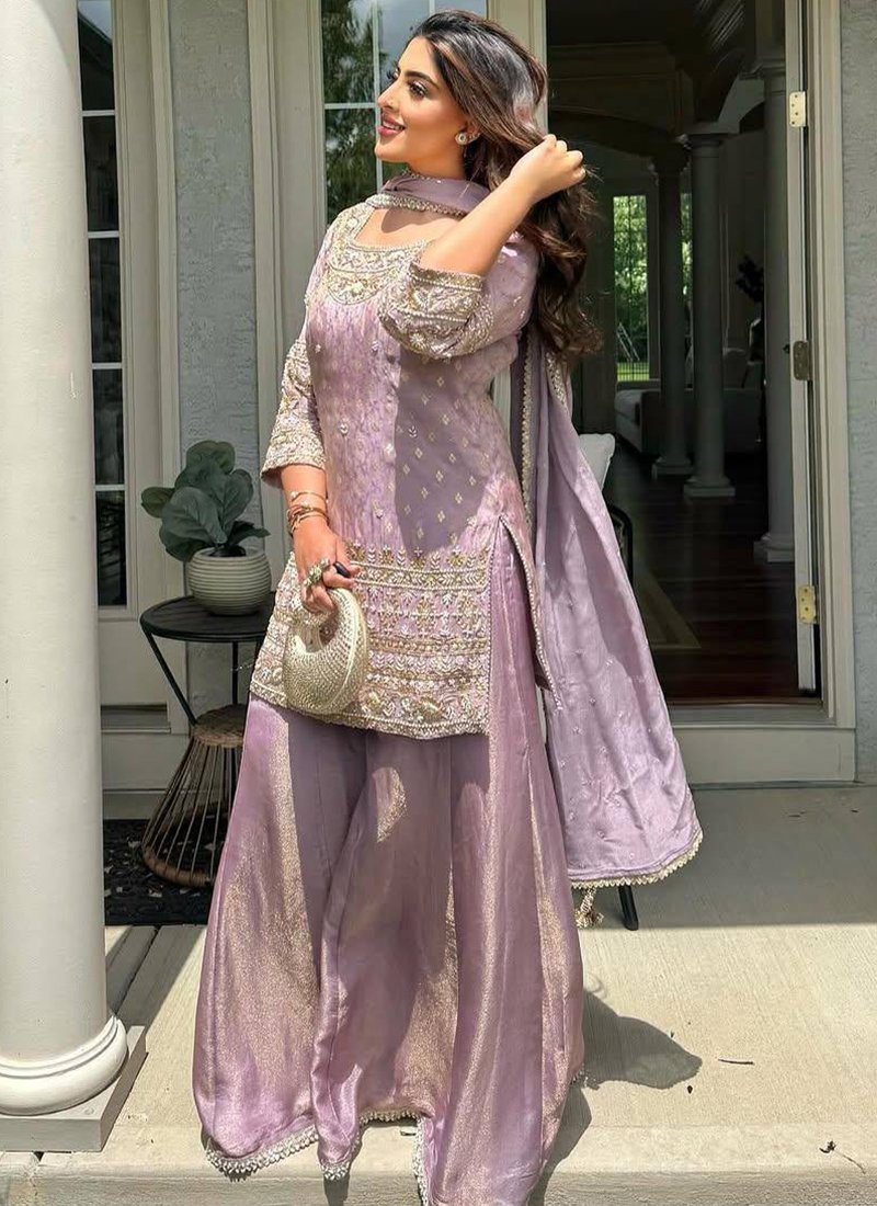 Lilac Silk Embroidery Work Readymade PLAZZO Suit