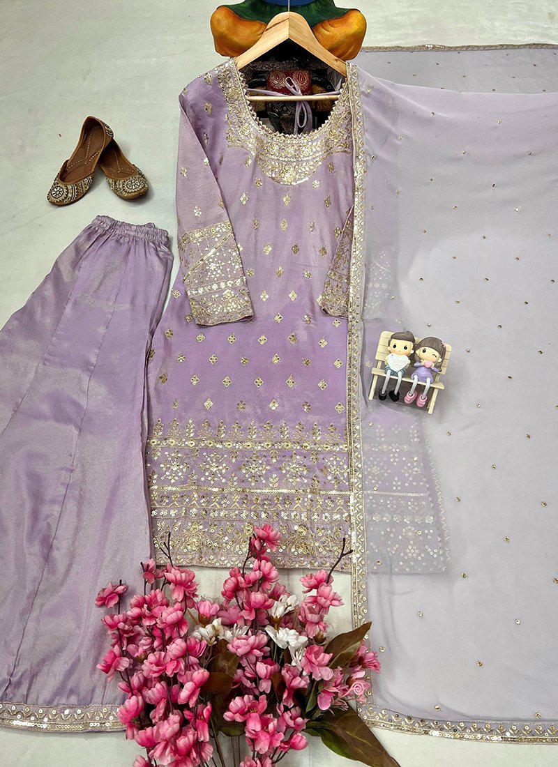 Lilac Silk Embroidery Work Readymade PLAZZO Suit