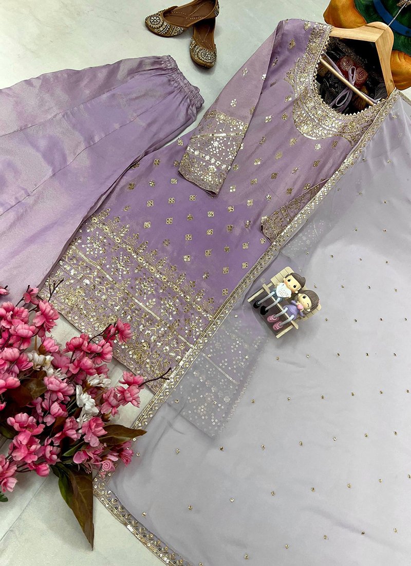 Lilac Silk Embroidery Work Readymade PLAZZO Suit