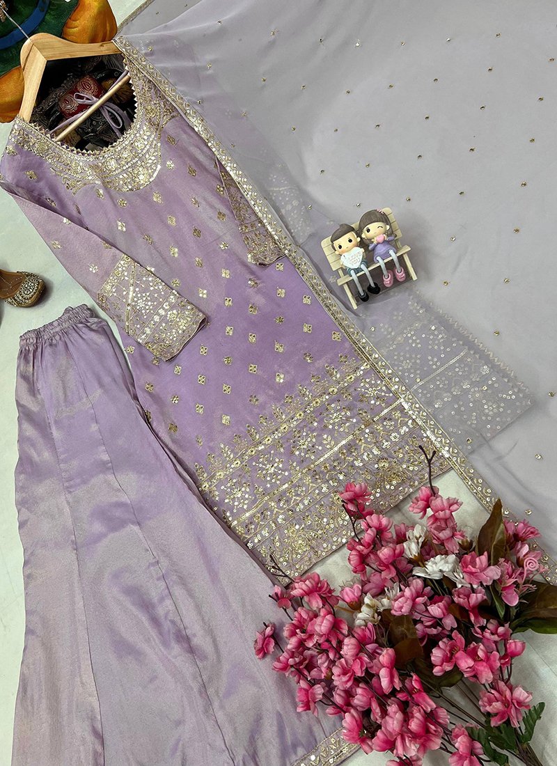 Lilac Silk Embroidery Work Readymade PLAZZO Suit