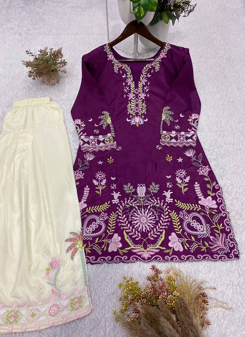 Magenta French Crepe Embroidery Work Readymade Cord Set