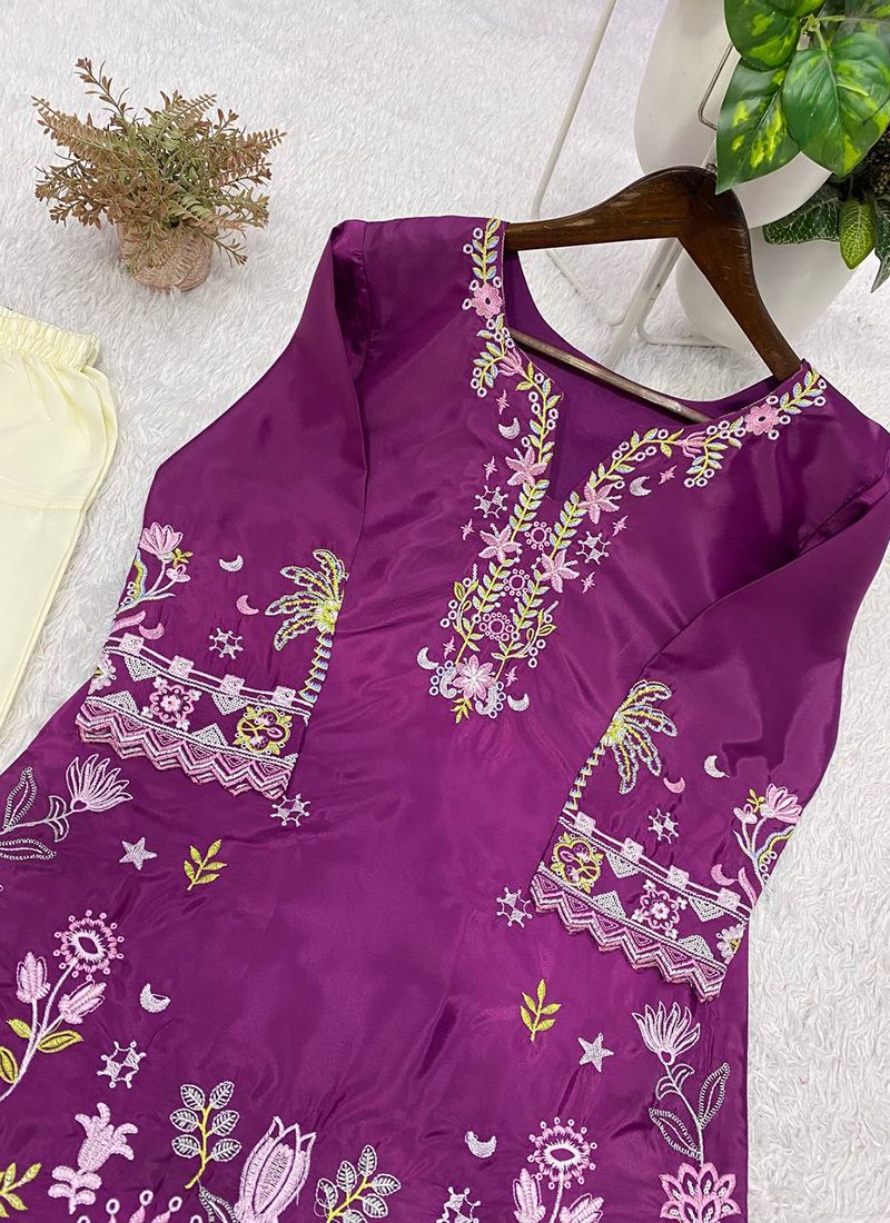 Magenta French Crepe Embroidery Work Readymade Cord Set