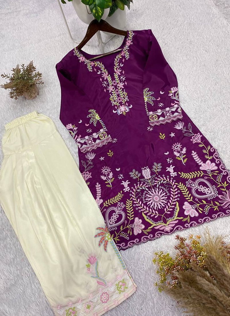 Magenta French Crepe Embroidery Work Readymade Cord Set
