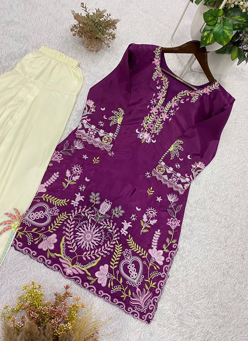 Magenta French Crepe Embroidery Work Readymade Cord Set