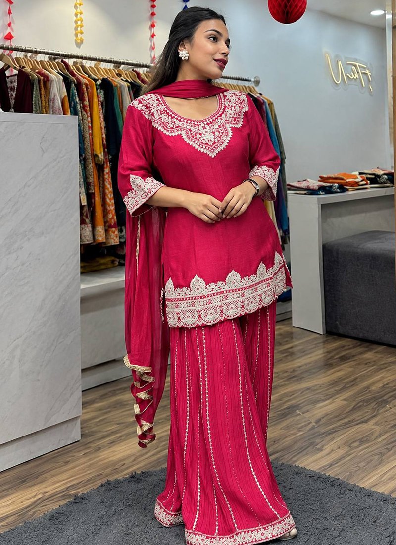 Rani Pink Chinon Embroidery Work Festive Wear Readymade Plazzo Suit