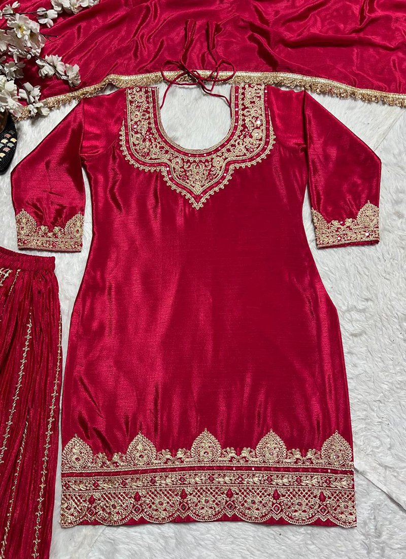 Rani Pink Chinon Embroidery Work Festive Wear Readymade Plazzo Suit