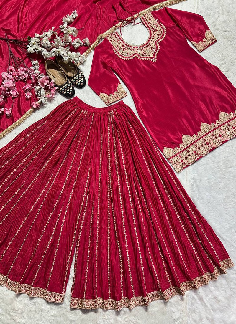 Rani Pink Chinon Embroidery Work Festive Wear Readymade Plazzo Suit