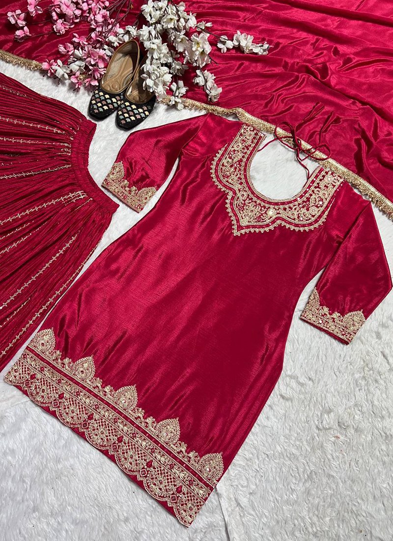 Rani Pink Chinon Embroidery Work Festive Wear Readymade Plazzo Suit