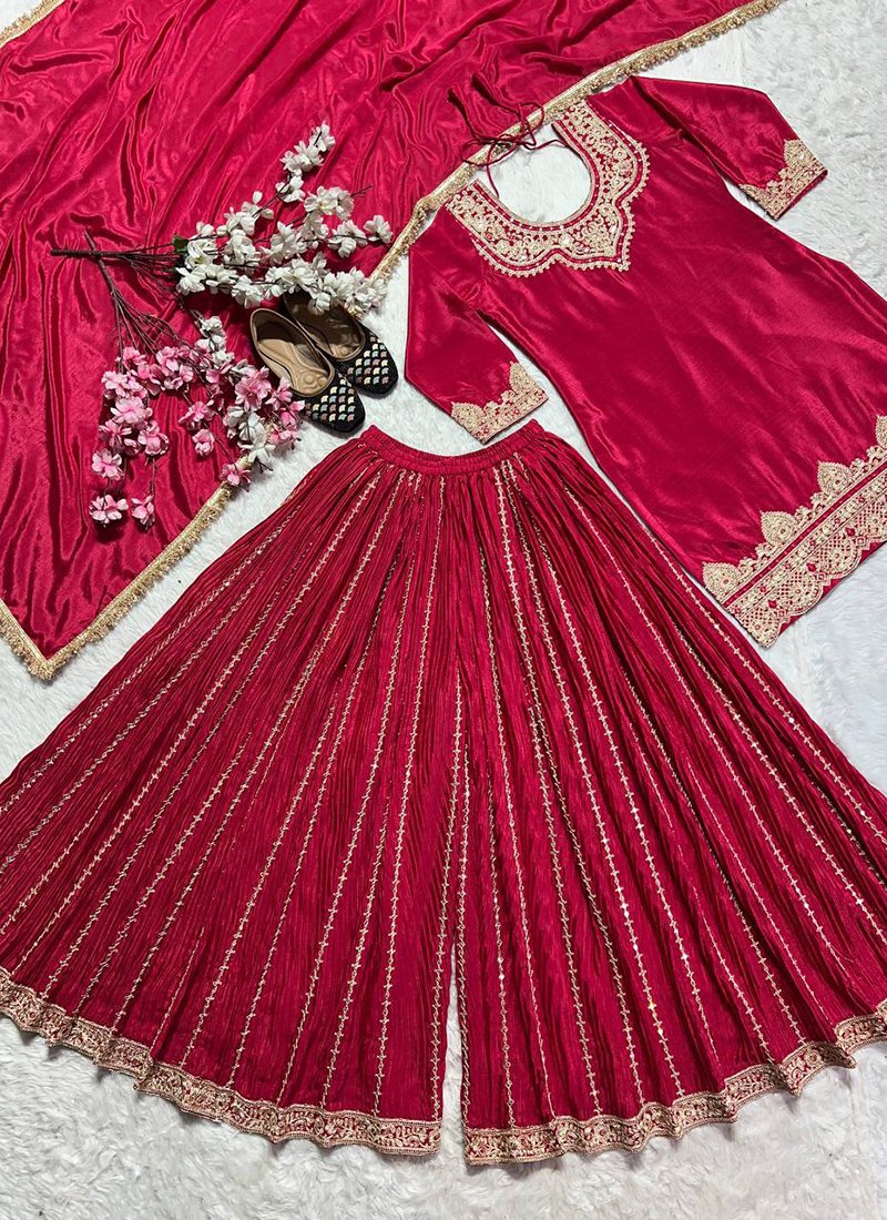 Rani Pink Chinon Embroidery Work Festive Wear Readymade Plazzo Suit