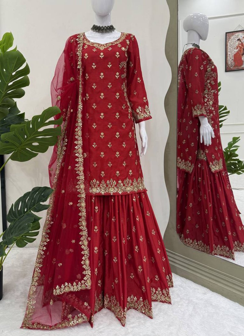 Maroon Chinon Silk Embroidery Work Readymade Sharara Suit