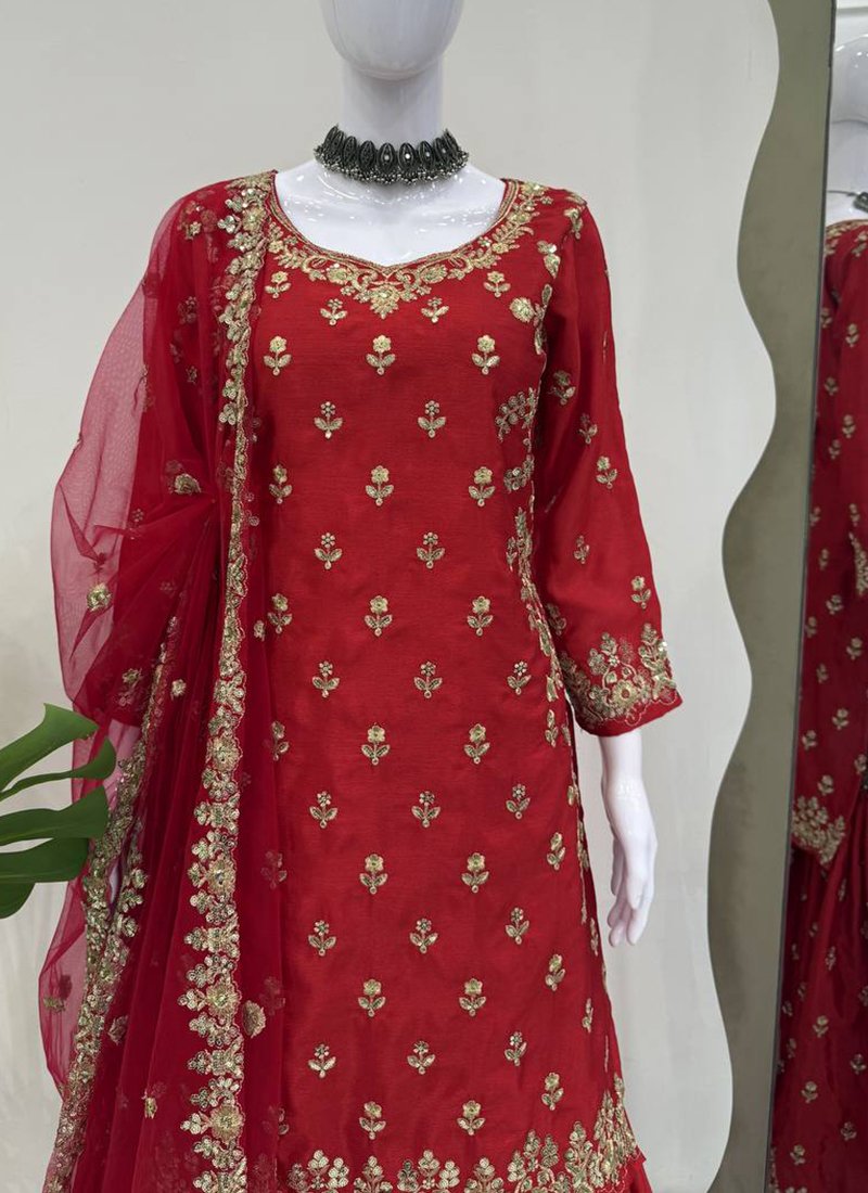 Maroon Chinon Silk Embroidery Work Readymade Sharara Suit