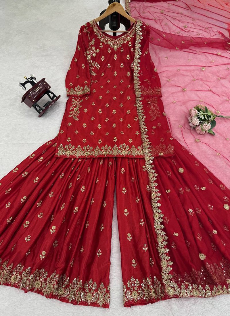 Maroon Chinon Silk Embroidery Work Readymade Sharara Suit