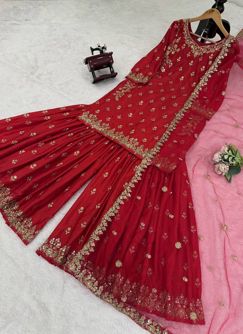 Maroon Chinon Silk Embroidery Work Readymade Sharara Suit