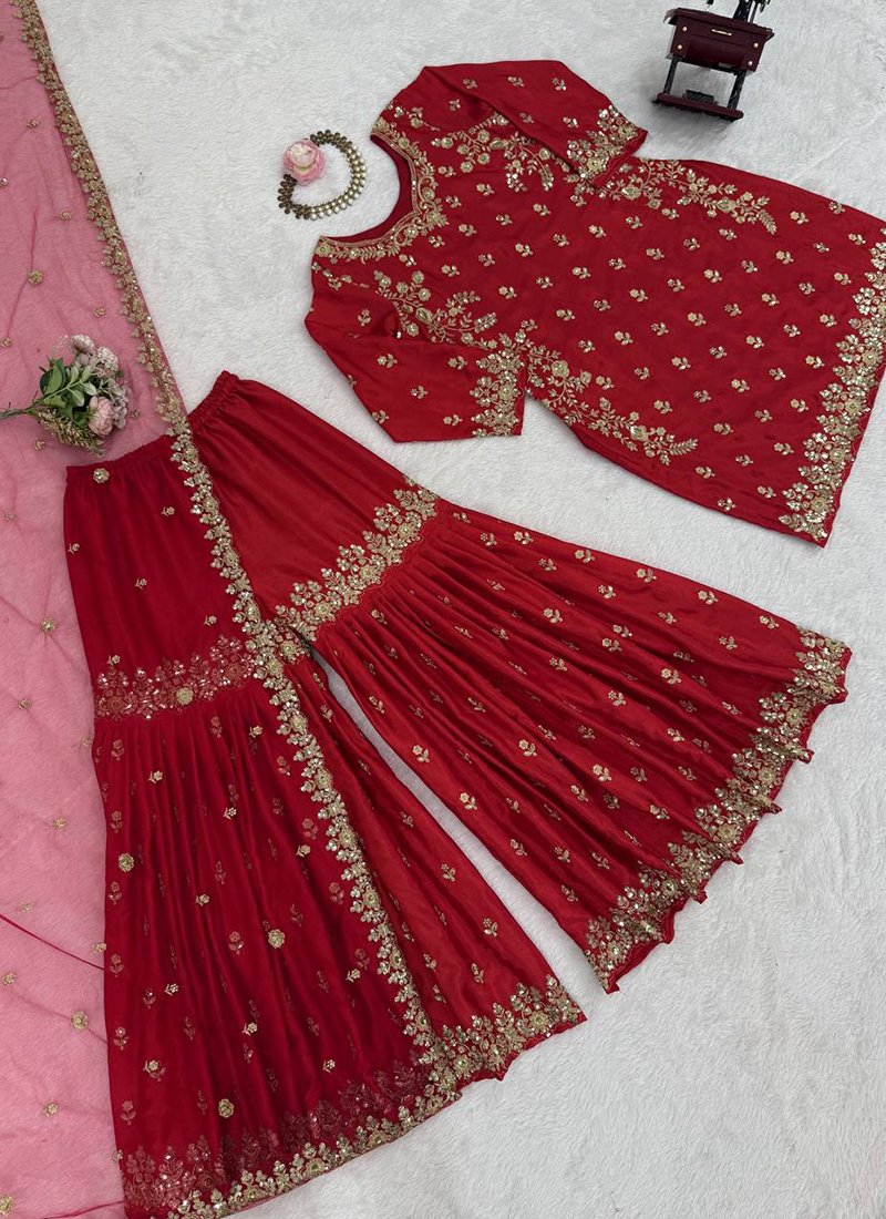 Maroon Chinon Silk Embroidery Work Readymade Sharara Suit