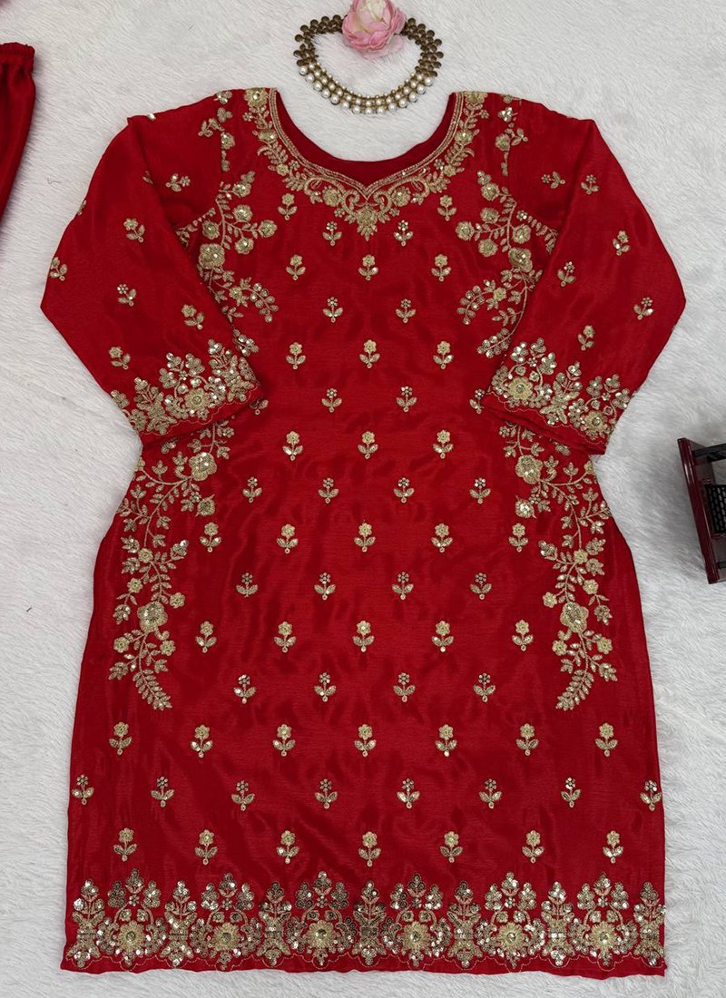 Maroon Chinon Silk Embroidery Work Readymade Sharara Suit