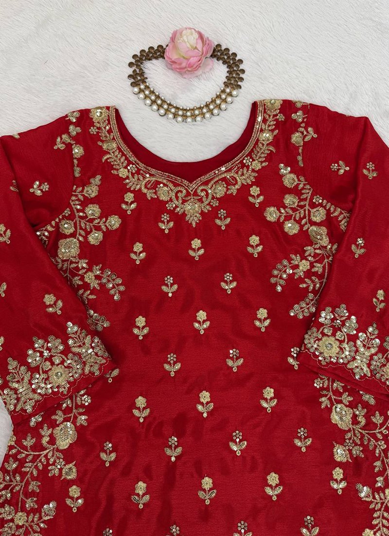 Maroon Chinon Silk Embroidery Work Readymade Sharara Suit