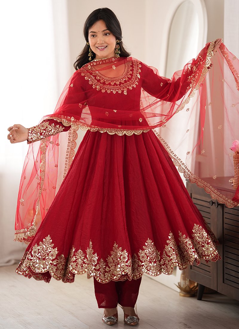 Crush Silk Embroidery Work Casual Wear Readymade Anarkali Suit