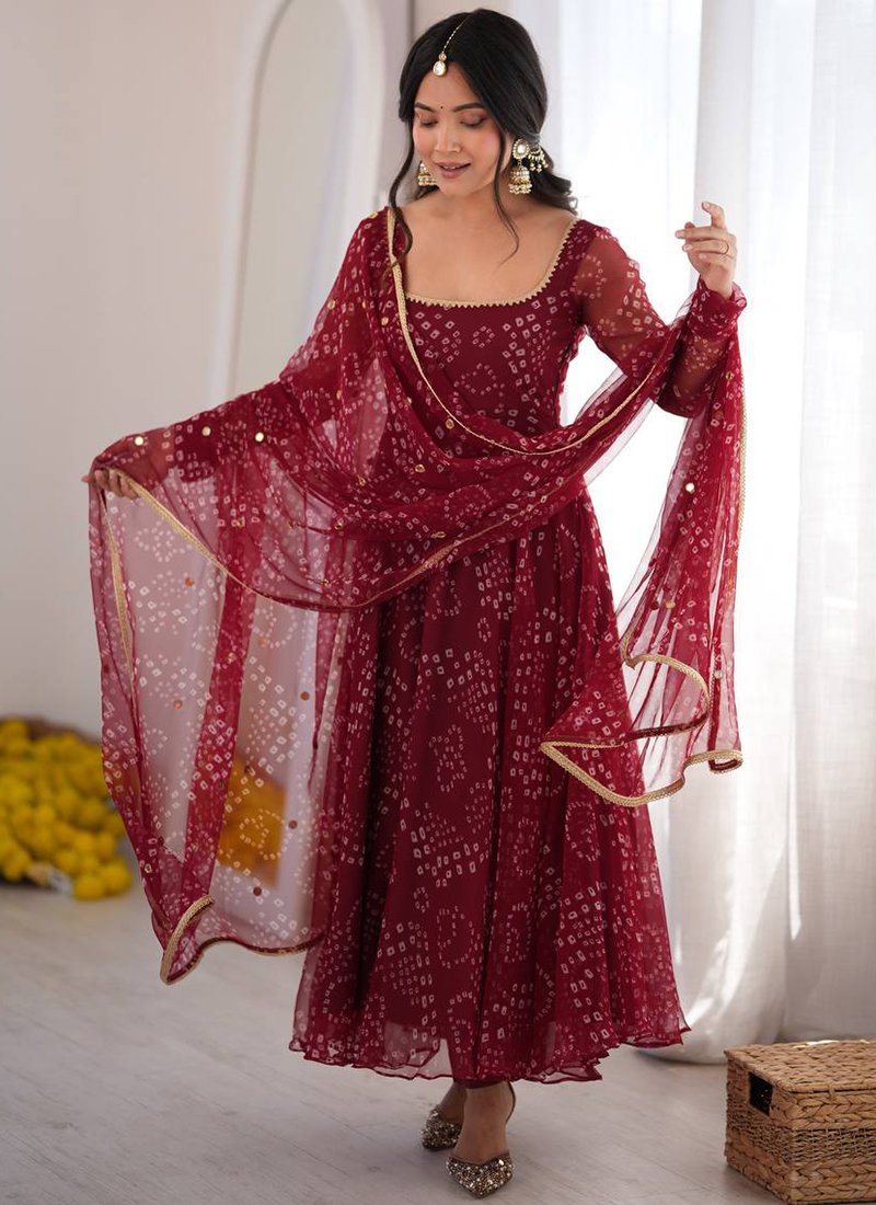 Digital Print Bandhani Print Work Readymade Gown