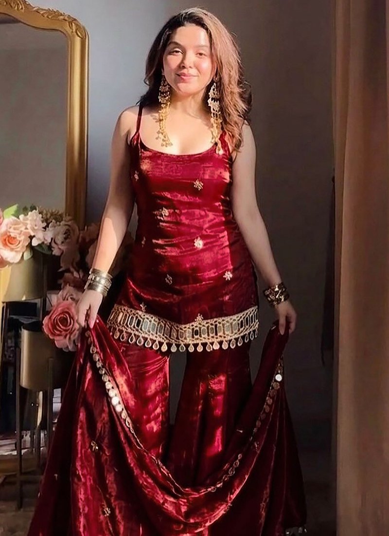 Fandy Silk Mirror Work Readymade Sharara Suit