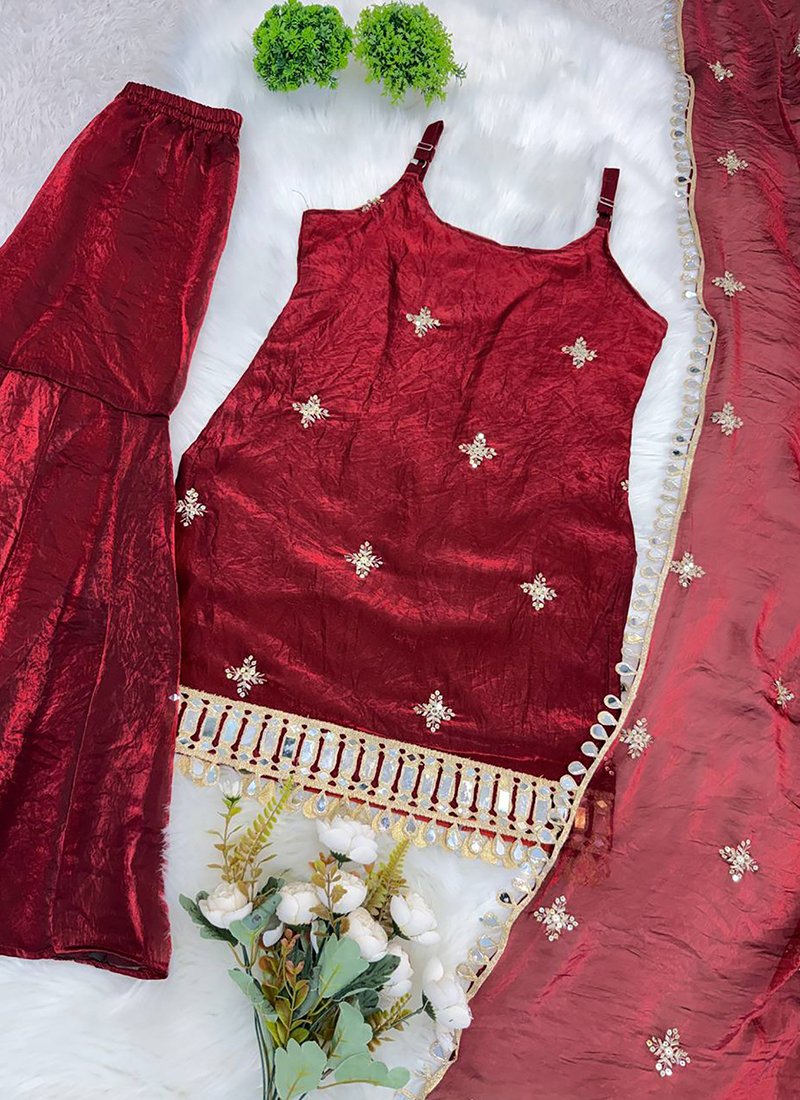 Fandy Silk Mirror Work Readymade Sharara Suit