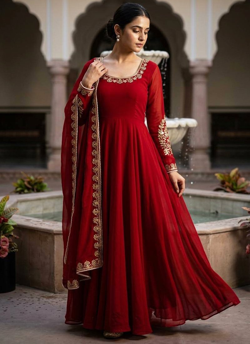 Maroon Faux Georgette Embroidery Work Readymade Anarkali Suit