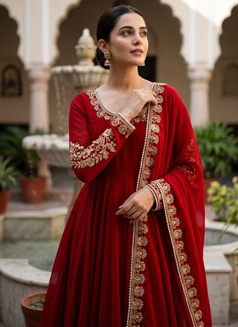 Maroon Faux Georgette Embroidery Work Readymade Anarkali Suit