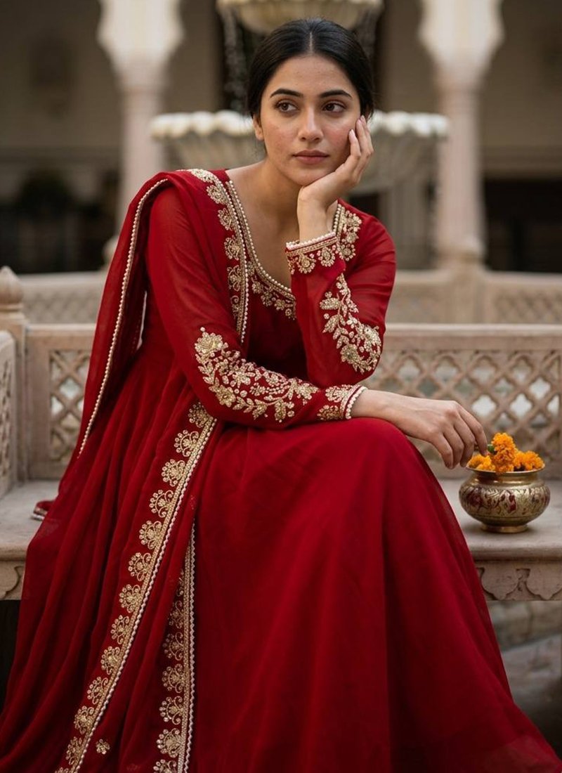 Maroon Faux Georgette Embroidery Work Readymade Anarkali Suit
