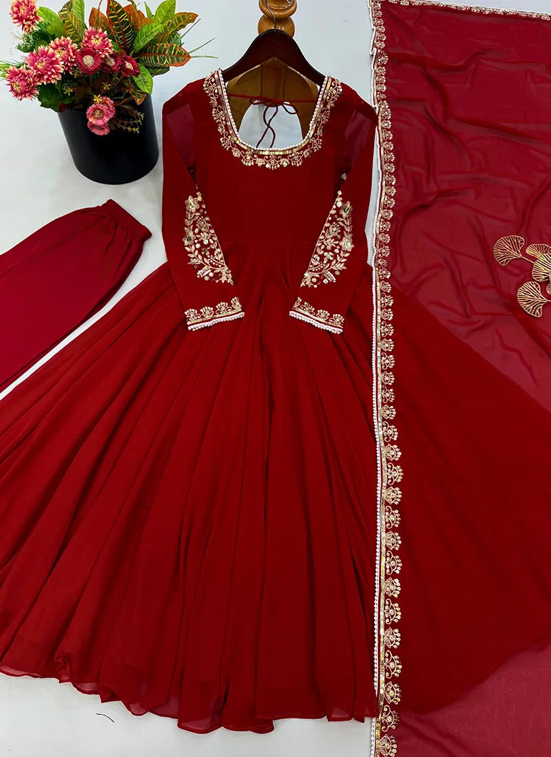 Maroon Faux Georgette Embroidery Work Readymade Anarkali Suit