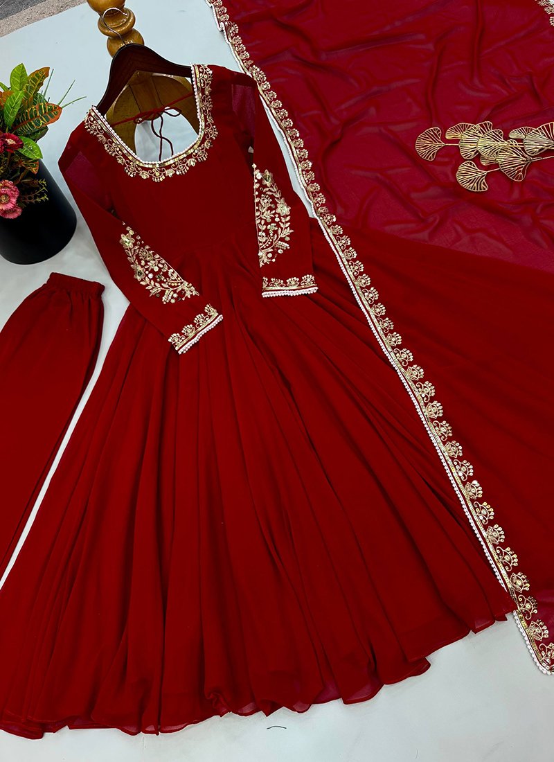 Maroon Faux Georgette Embroidery Work Readymade Anarkali Suit