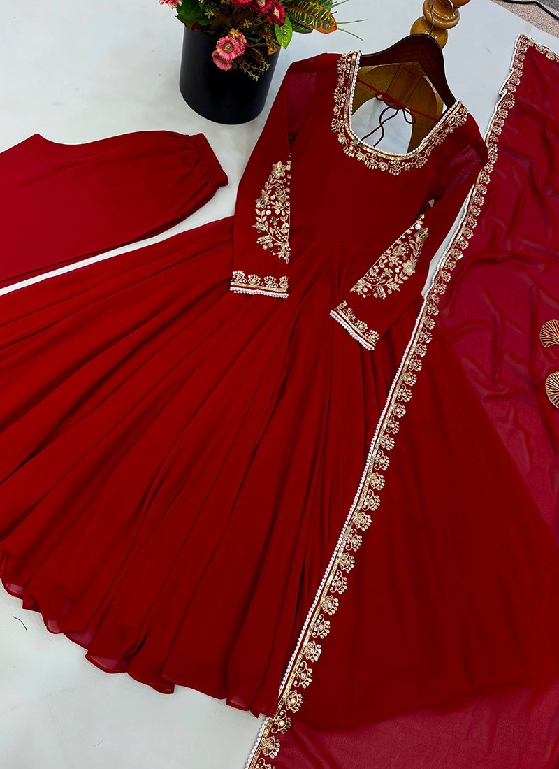 Maroon Faux Georgette Embroidery Work Readymade Anarkali Suit