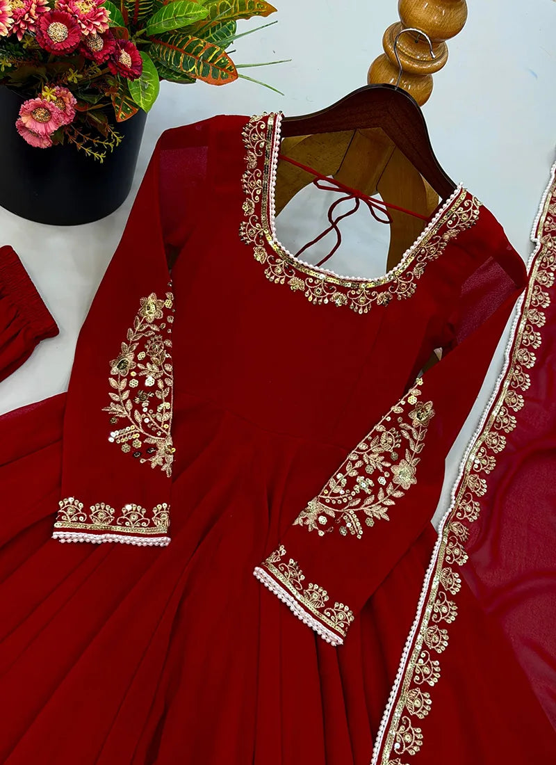 Maroon Faux Georgette Embroidery Work Readymade Anarkali Suit