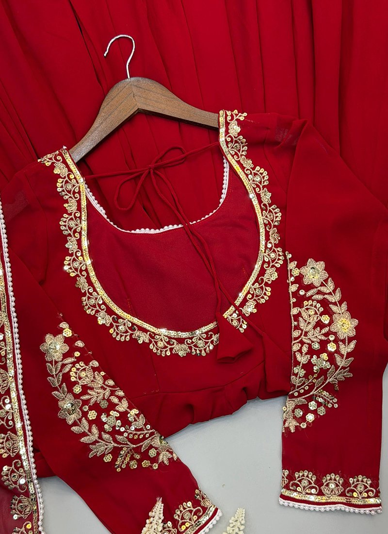 Maroon Faux Georgette Embroidery Work Readymade Anarkali Suit