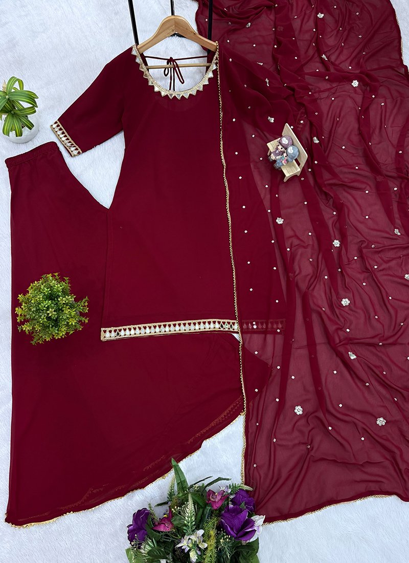 Maroon Georgette Mirror Work Readymade Plazzo Suit