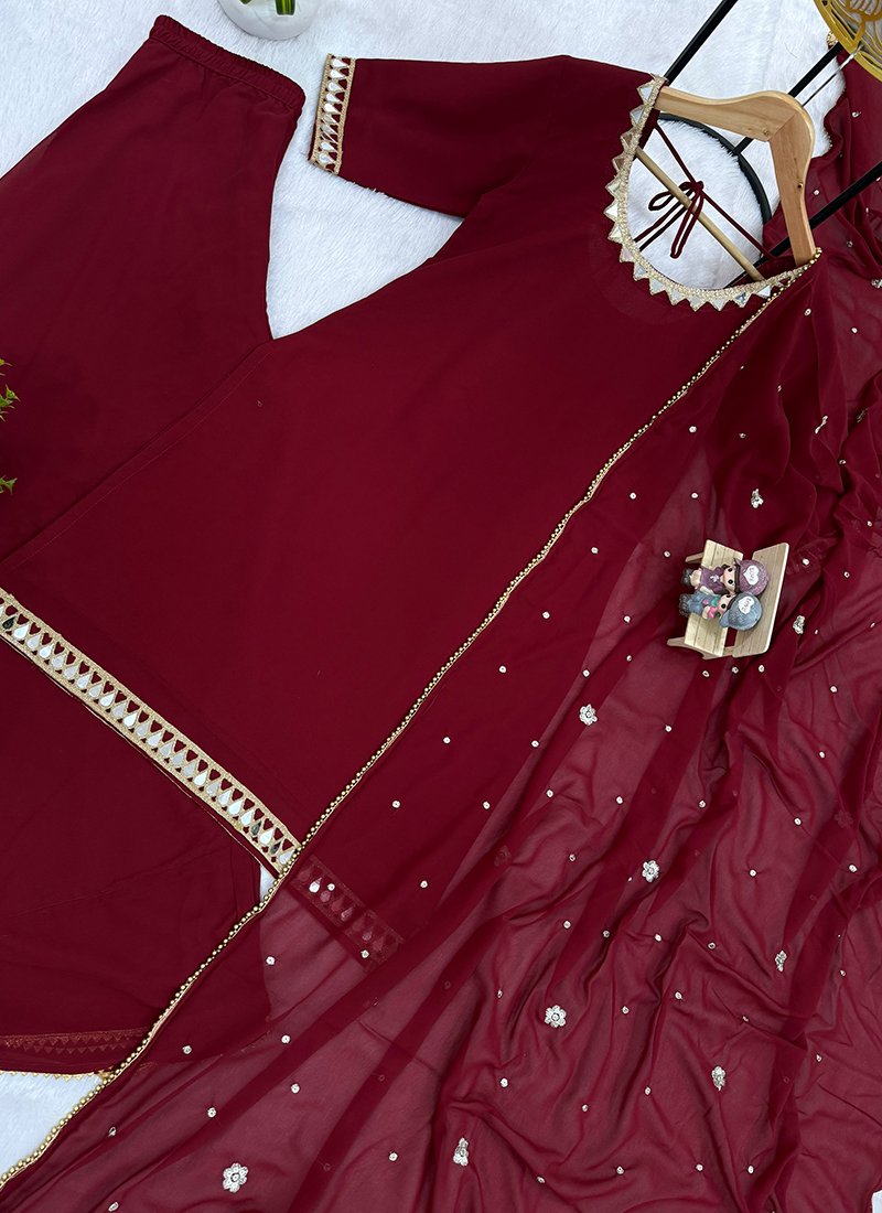 Maroon Georgette Mirror Work Readymade Plazzo Suit