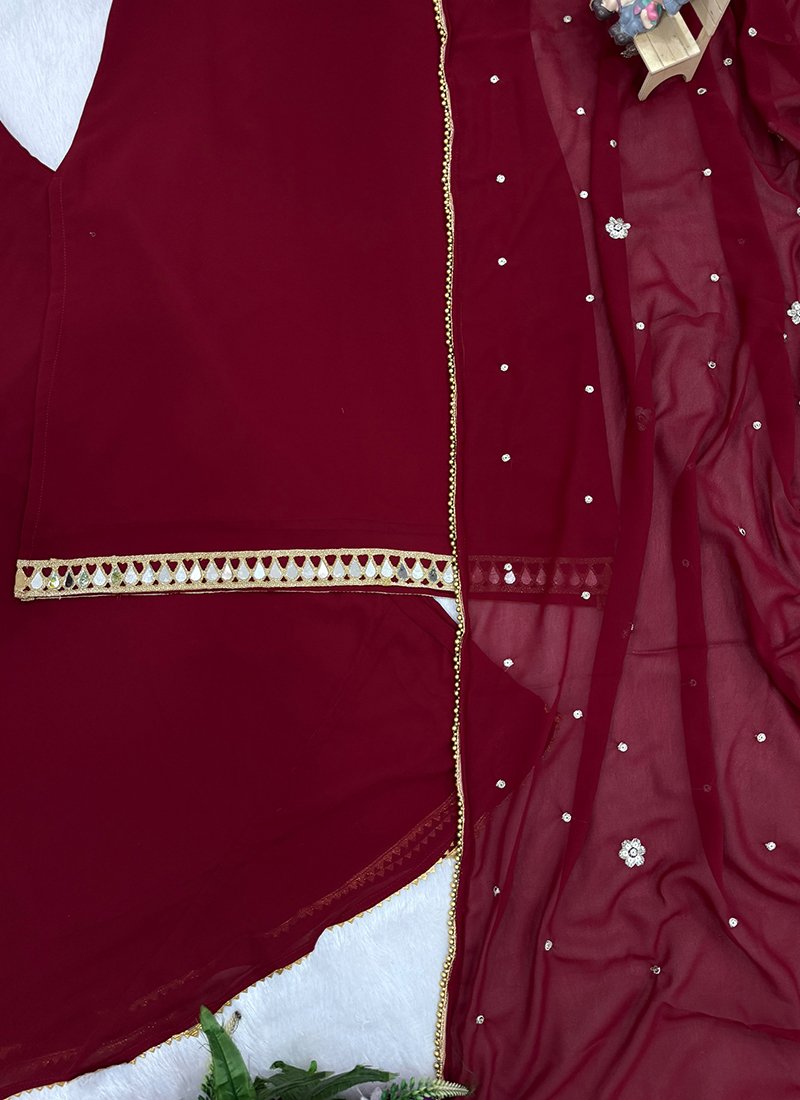 Maroon Georgette Mirror Work Readymade Plazzo Suit
