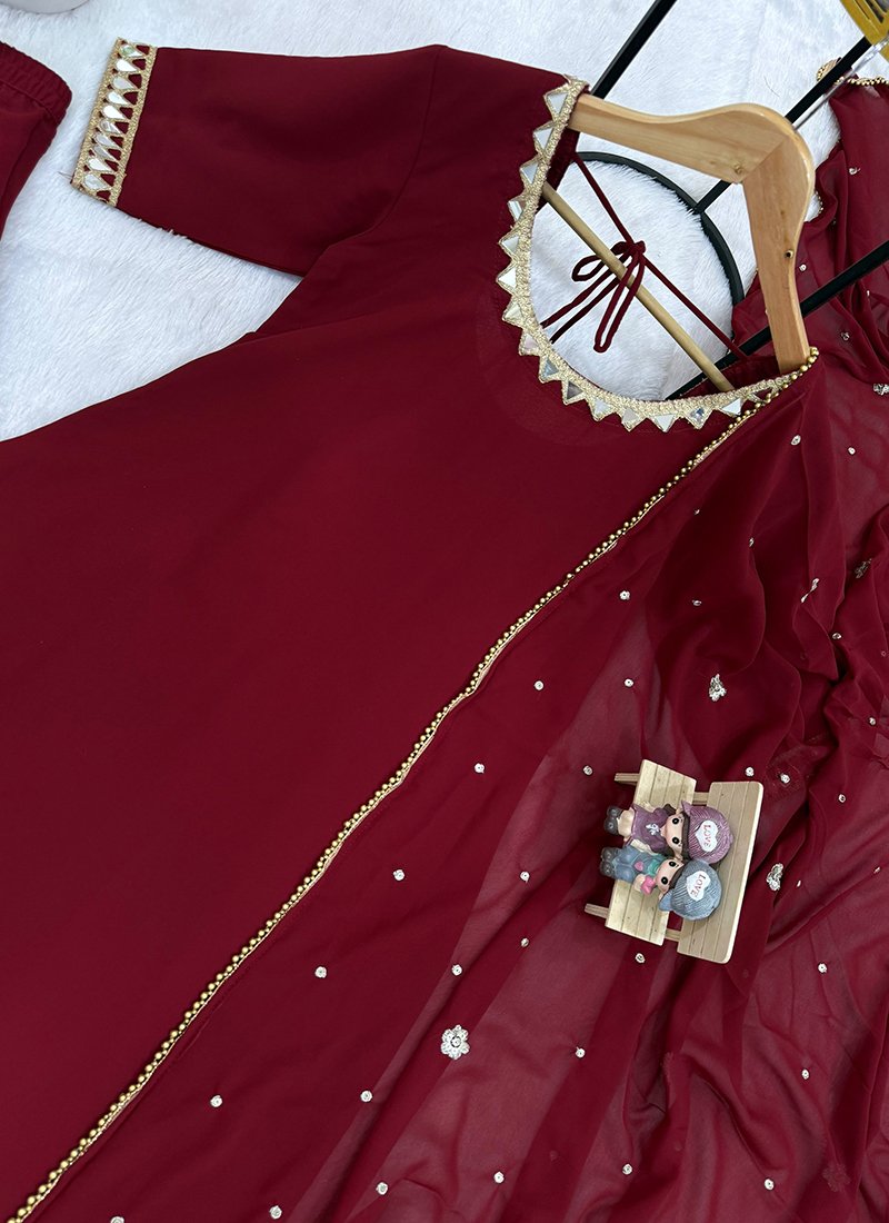 Maroon Georgette Mirror Work Readymade Plazzo Suit
