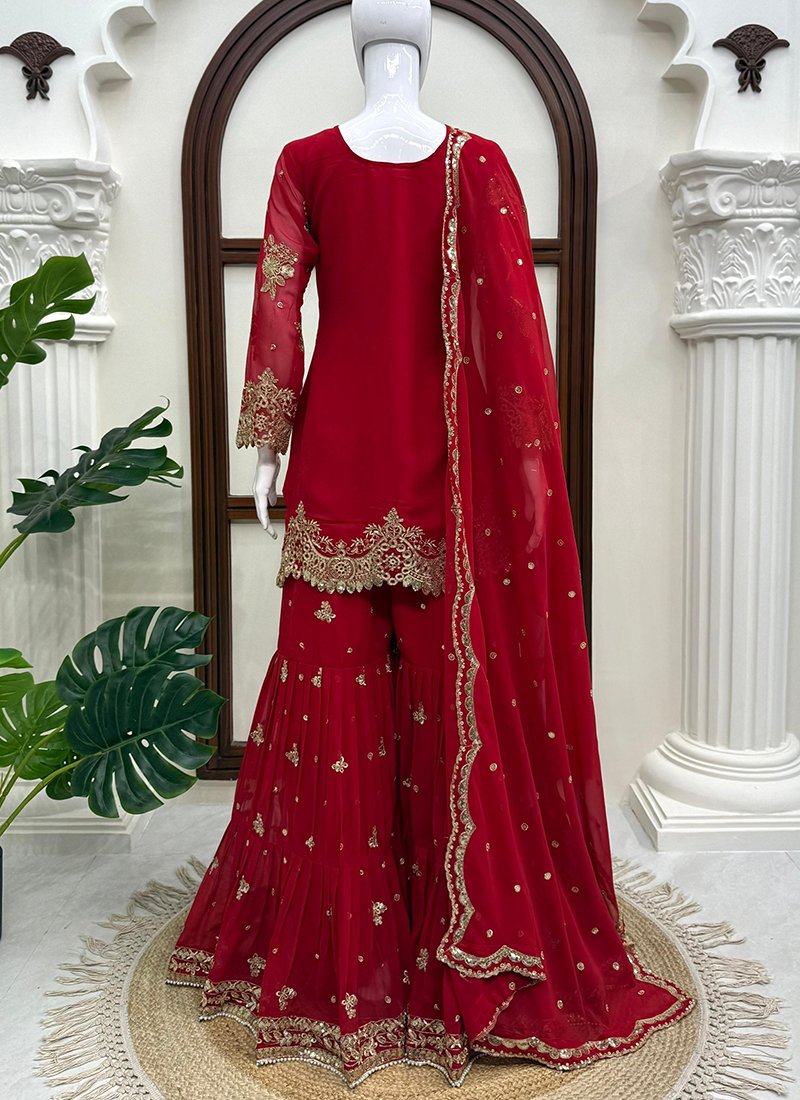 Maroon Georgette Embroidery Work Readymade Sharara Suit