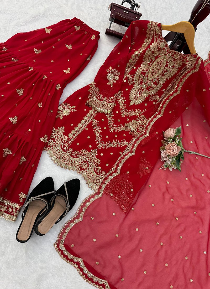 Maroon Georgette Embroidery Work Readymade Sharara Suit