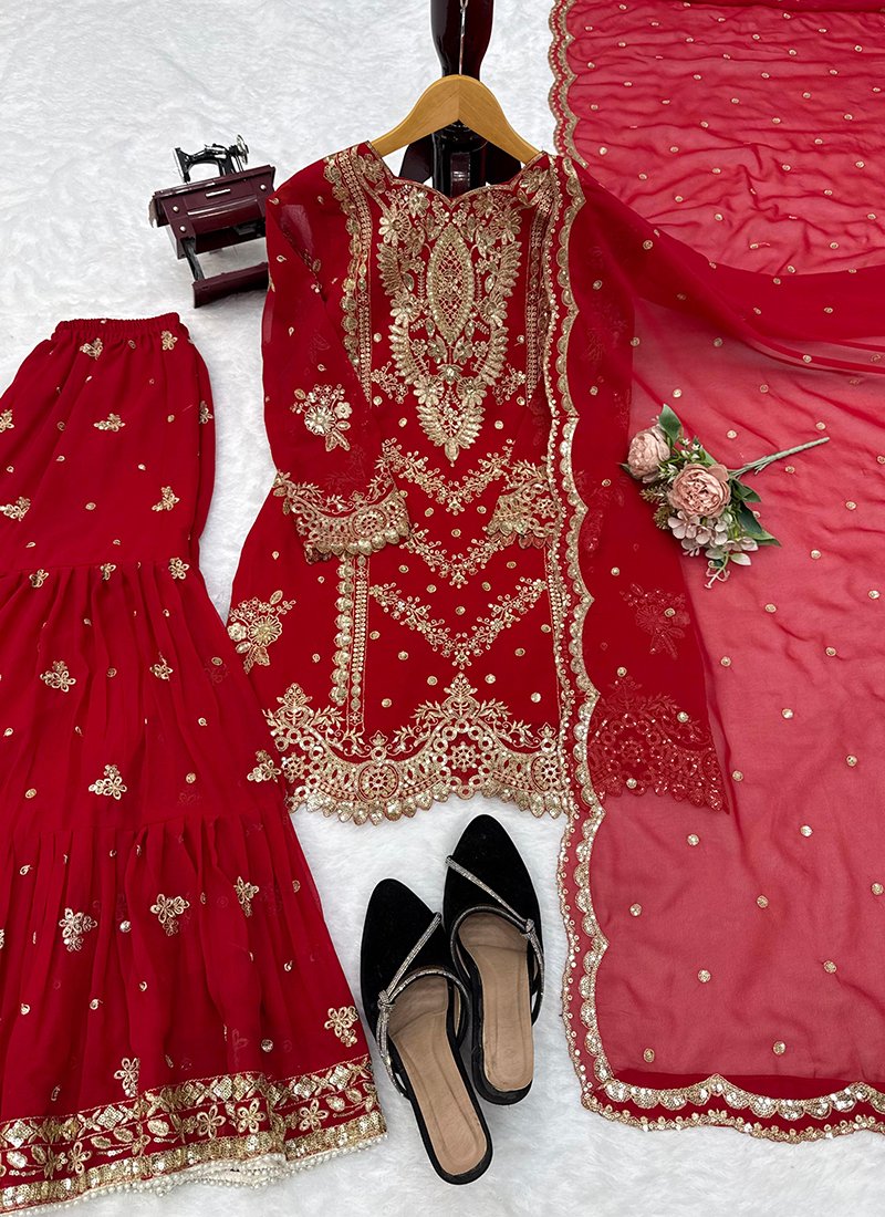 Maroon Georgette Embroidery Work Readymade Sharara Suit