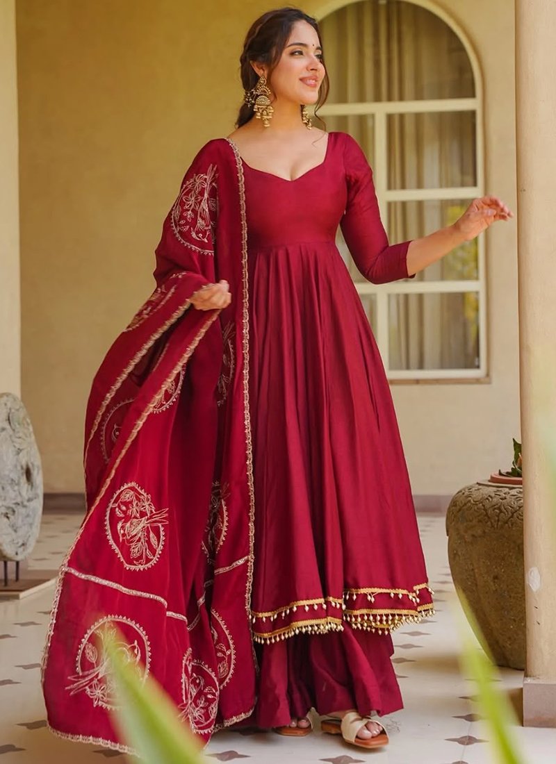 Maroon Roman Silk Embroidery Work