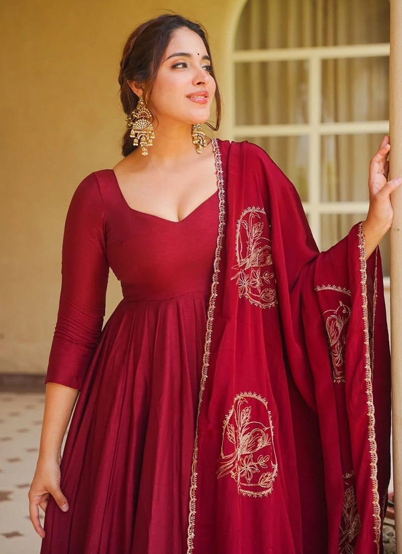Maroon Roman Silk Embroidery Work