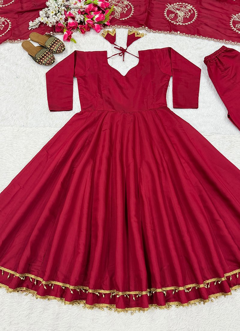 Maroon Roman Silk Embroidery Work