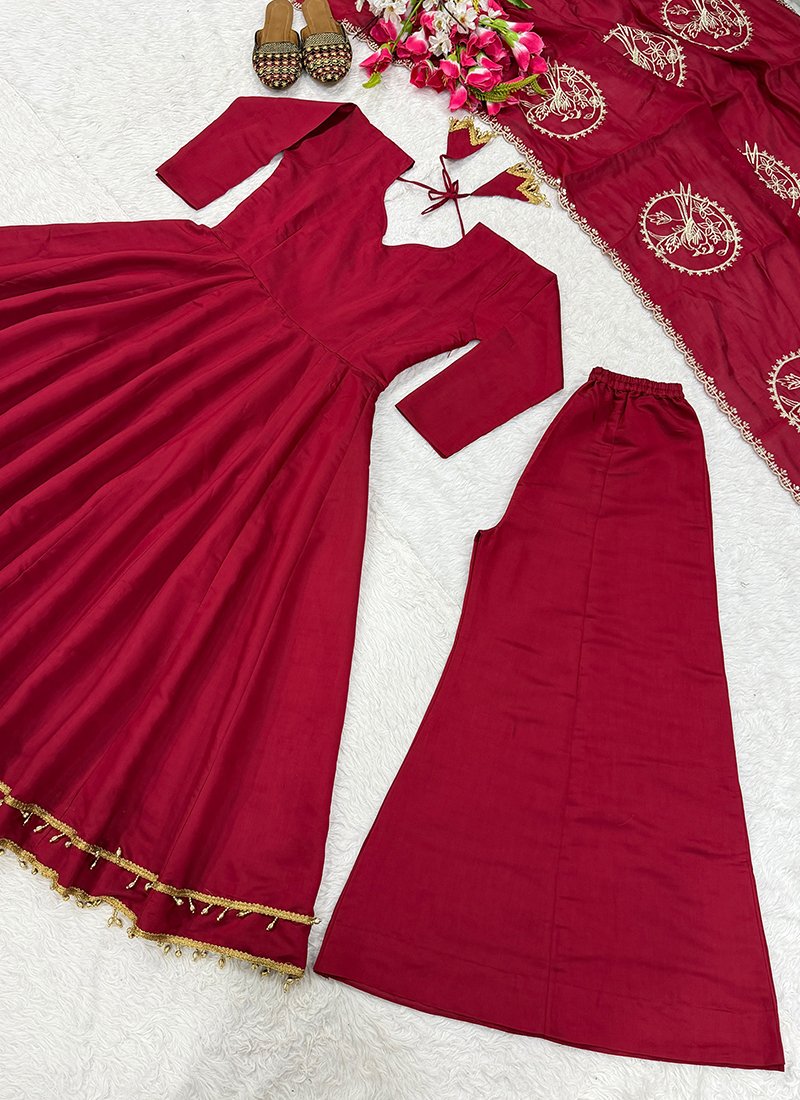 Maroon Roman Silk Embroidery Work