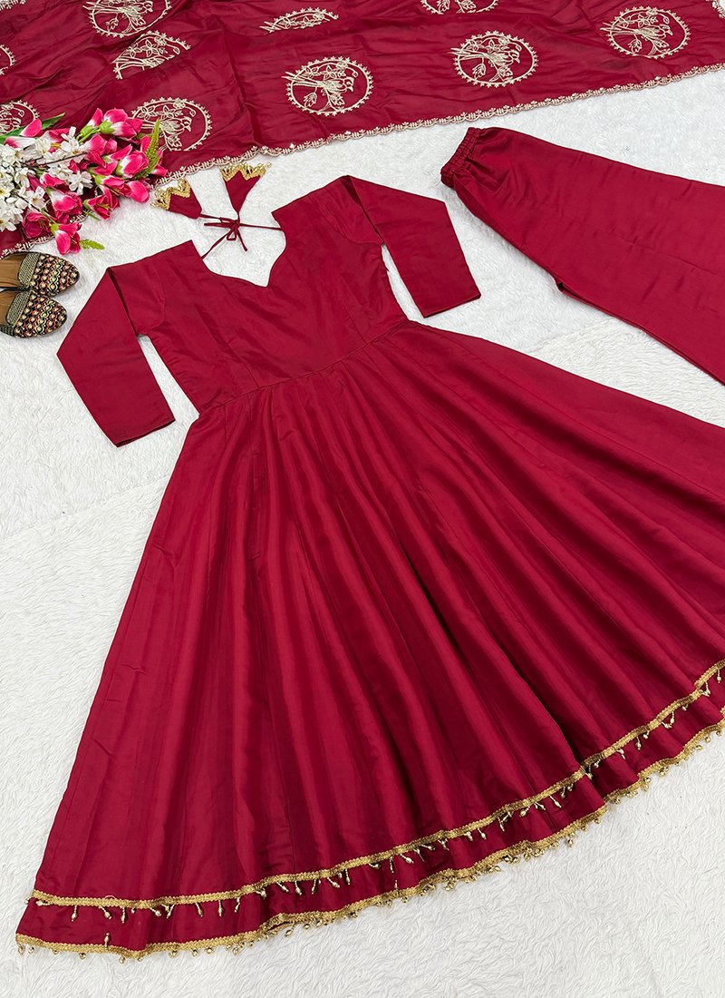 Maroon Roman Silk Embroidery Work