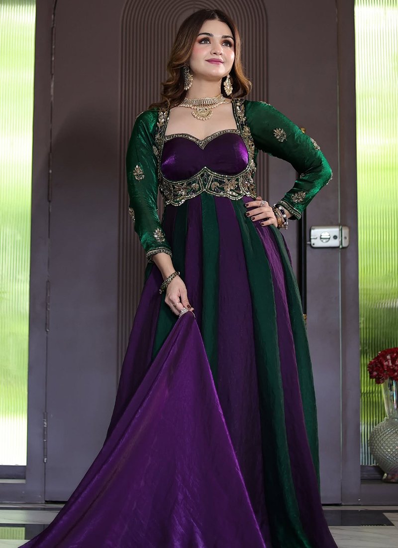Multicolor Fendi Silk Embroidery Work Readymade Anarkali Gown With Dupatta Only