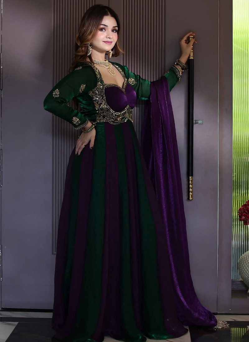 Multicolor Fendi Silk Embroidery Work Readymade Anarkali Gown With Dupatta Only