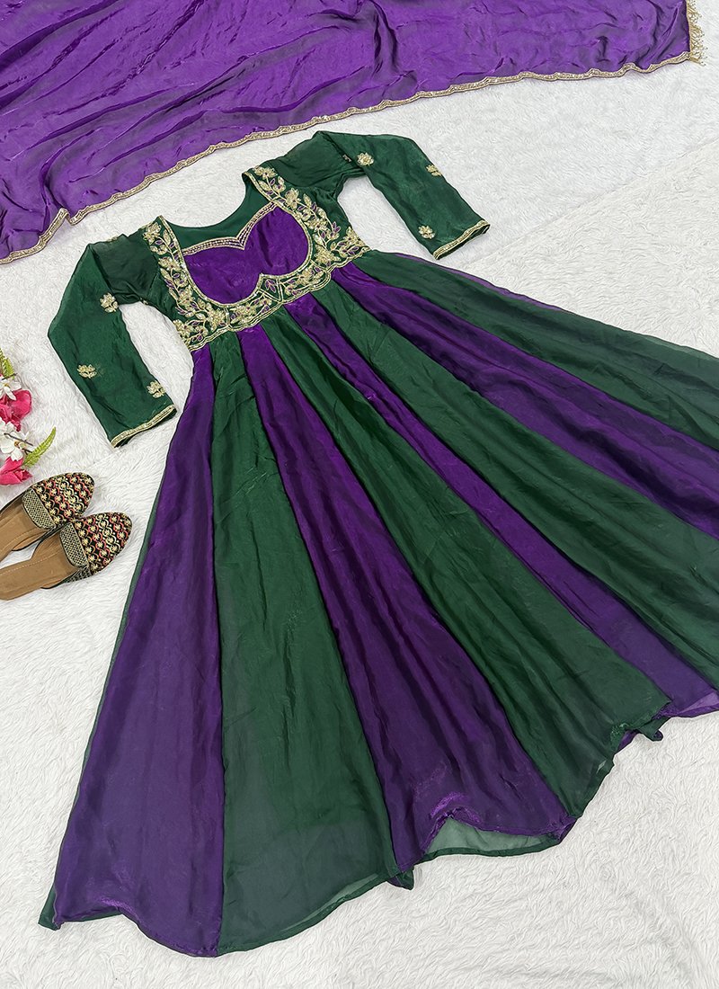Multicolor Fendi Silk Embroidery Work Readymade Anarkali Gown With Dupatta Only